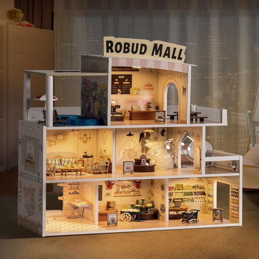 ROBOTIME Wood Dollhouse Shopping Mall Doll House With Lights Music For Xmas Gift