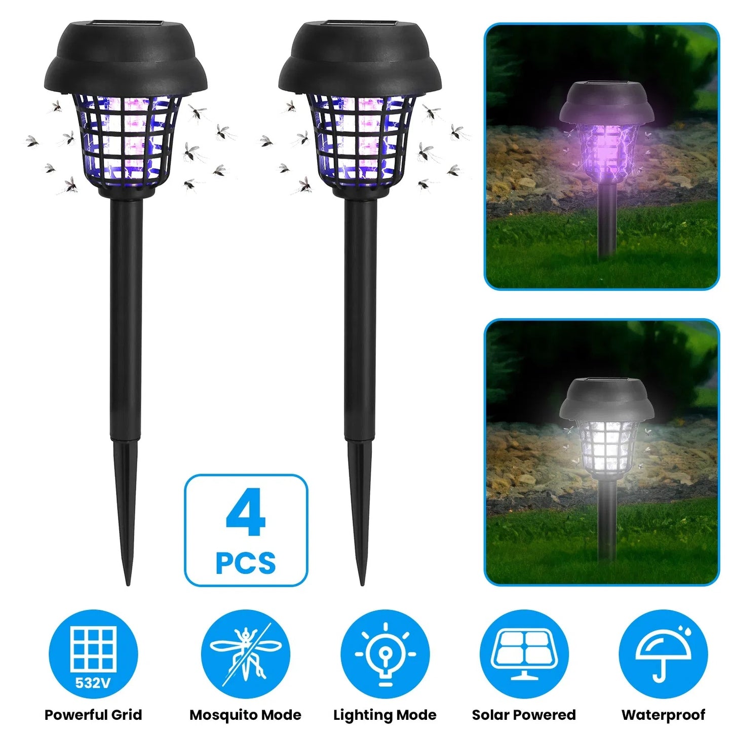 Solar Mosquito Zapper 4-Pack Dual Purple UV & White LED Modes, 532 V Electric Shock, Auto On Off, 800 MAh Rechargeable Battery, Waterproof Torch For Yard, Garden, Patio