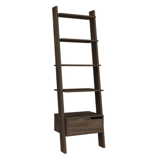 Trapezoidal Bookshelf, Four Legs, One Drawer, Five Open Shelves - Deep Walnut Wood