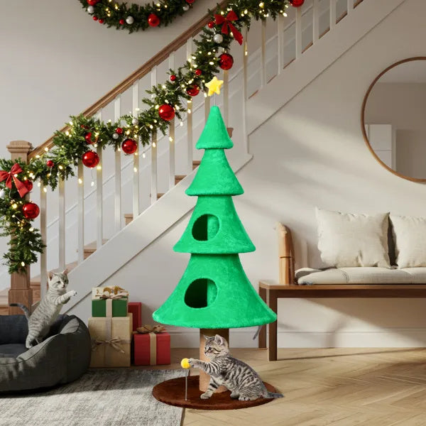 59in Large Tall Christmas Tree Cat Tower With 2 Cat Condos & Scratching Post, Soft Fleece Cat Tree With Teaser Toy & Sturdy Base & Built-in Openings For Indoor Cats, Green