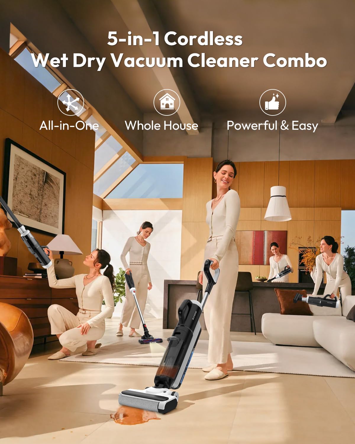 Woman using a 5-in-1 cordless wet dry vacuum cleaner in a modern living room.