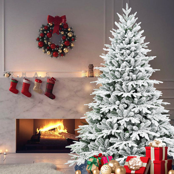 Artificial 6.5ft Flocked Christmas Tree With 2225 PE PVC Mixed Branch Tips, 450L Warm White Led, Steel Wire Wire, Hinged Premium & Foldable Base For Indoor Holiday Decorating