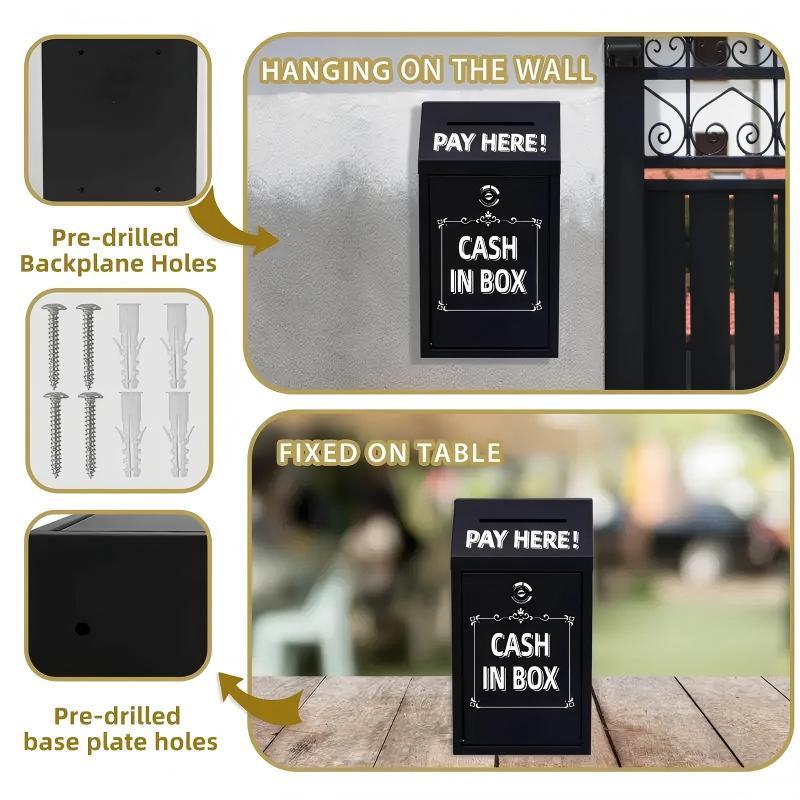 Black Wall Mounted Metal Coin Box With Key Lock, Suitable For Home Office Or Outdoor Donation Storage