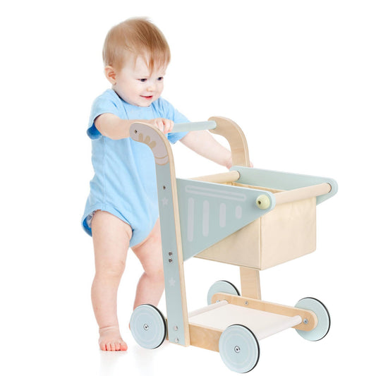 ROBOTIME Baby Wooden Shopping Cart Toy For Toddler Kids Wooden Baby Push Walker Toy Push Toy For Babies Learning To Walk For Toddler Kids Boys Girls 10 Month