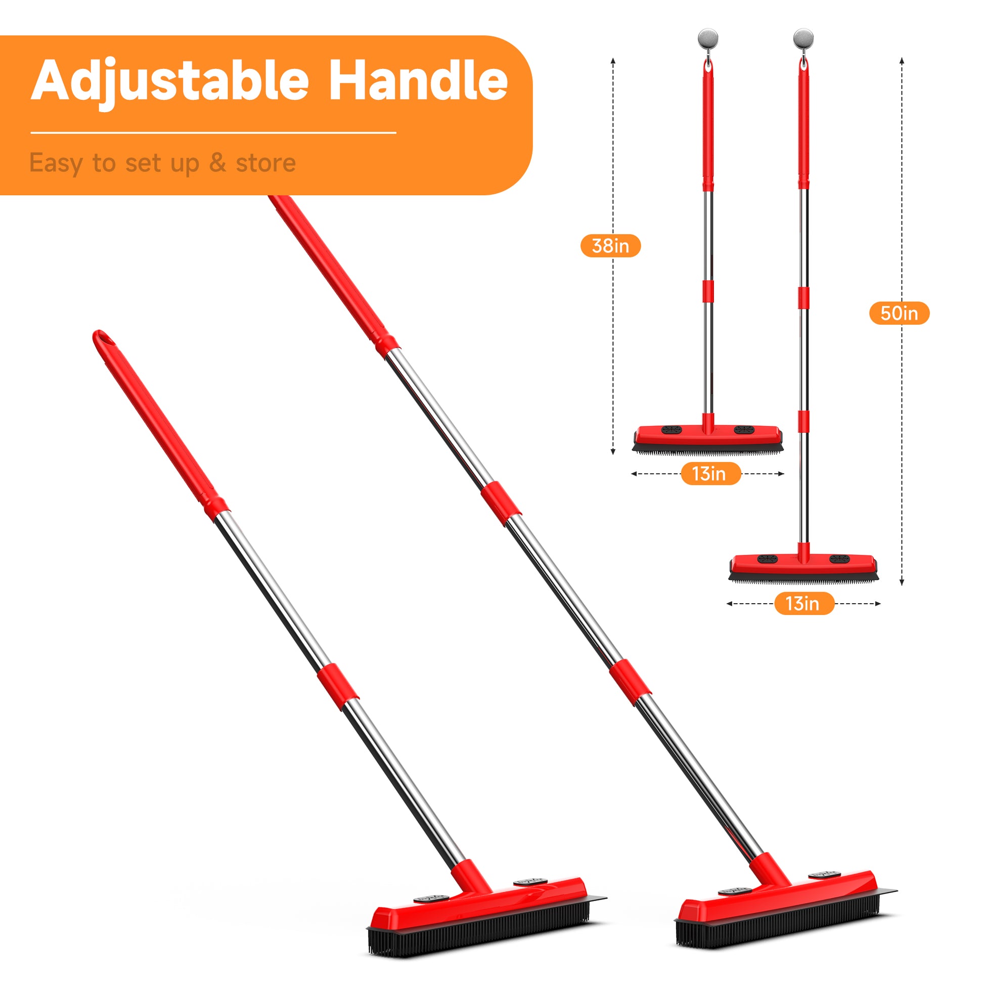 Red brooms with adjustable handles on a white background, showing measurement details.