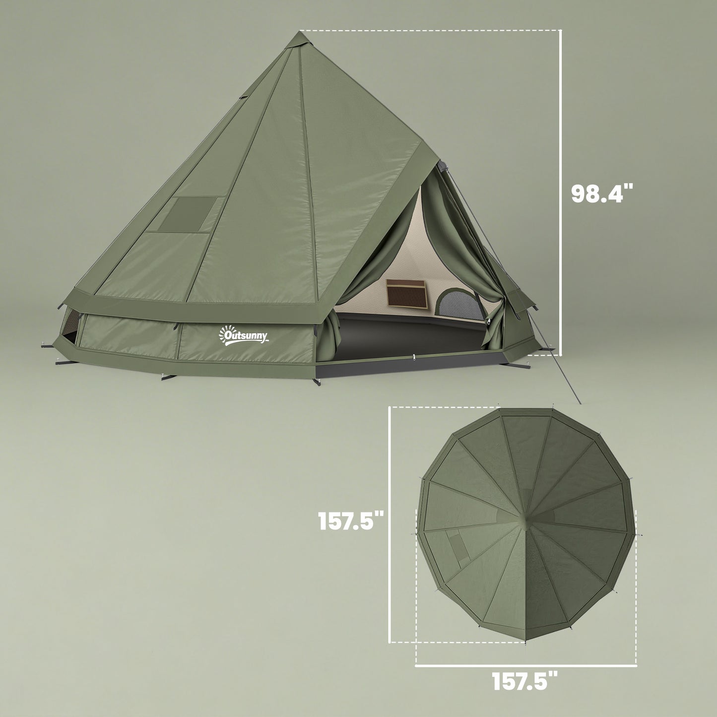 Green tent with dimensions on a gray background
