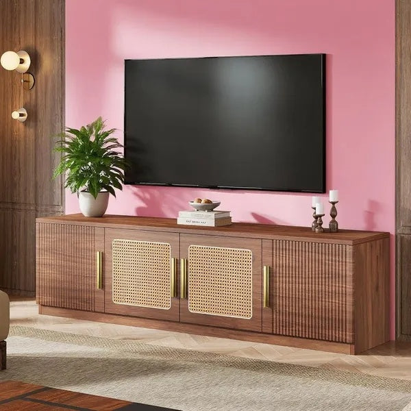 Mid-Century Rattan TV Stand Storage Modern Console