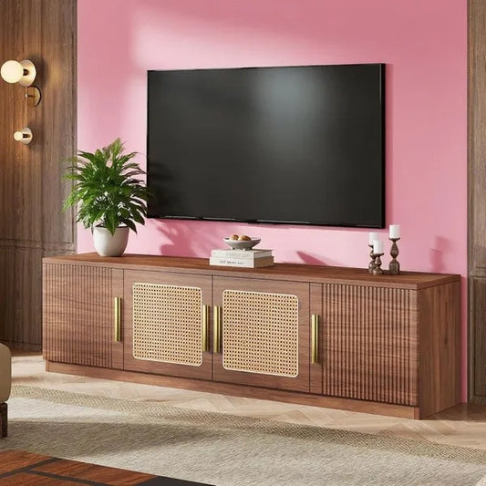 Mid-Century Rattan TV Stand Storage Modern Console