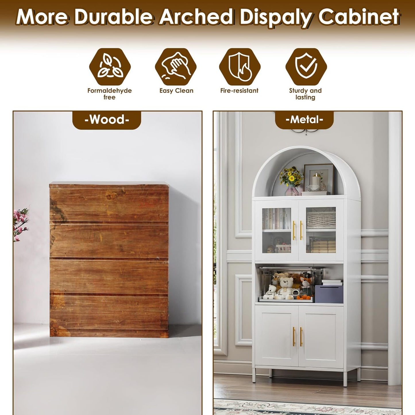 73 In Tall Metal Arched Cabinet, Kitchen Pantry Cabinet With Glass Door, Modern Farmhouse Arched Bookcase With 2 Adjustable Shelves For Living Room, White, Assembly Required