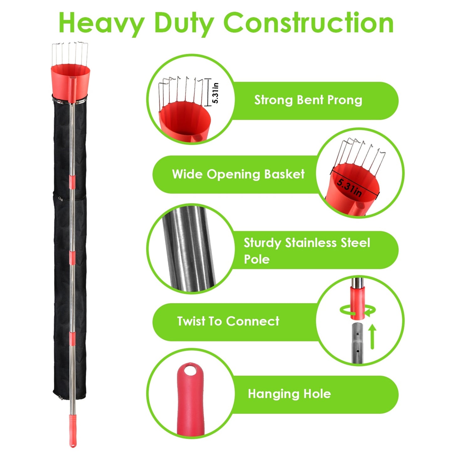 1Pc 13FT High Reach Fruit Picker Pole With Harvest Bag Heavy Duty Fruit Picking Tool With Basket Funnels Collect Bag For Mango Avocado Lemon Apples Pears