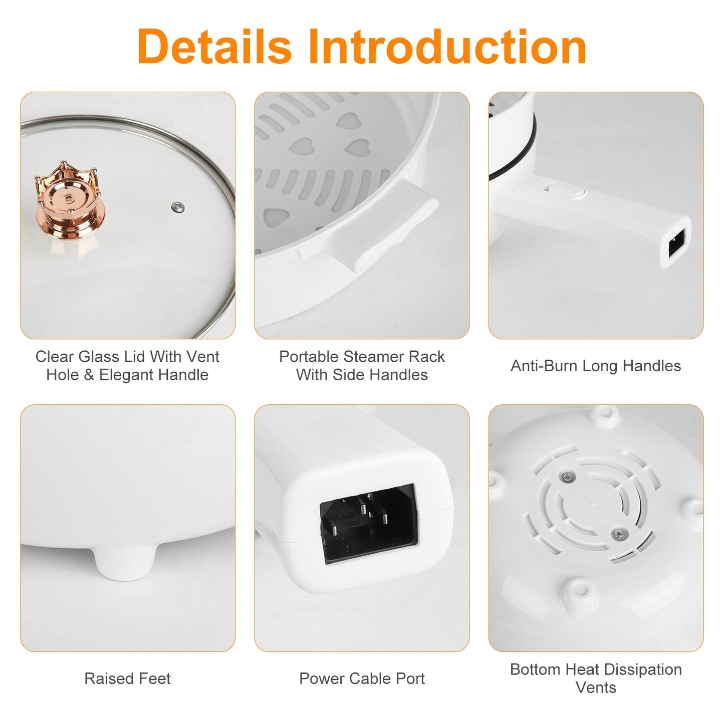 Electric Hot Pot Non-Stick Frying Pan Portable Rapid Noodles Cooker With Long Handle Steamer Spatula Dual Power Control Overheat Dry-Boil Protection For College Dorm Room Essential