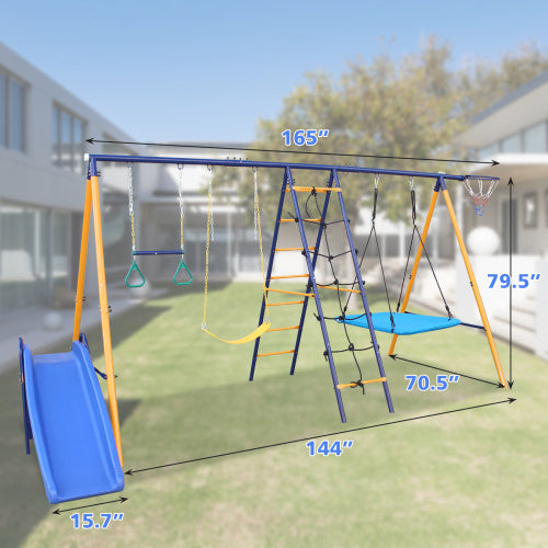 500 Lbs 7 In 1 Swing Set For Kids  Outdoor A Frame Heavy  Metal Swing Sets With Slide  2 Swing Seats 1 Climbing Net   Ladder 1 Gym Ring 1 Basket