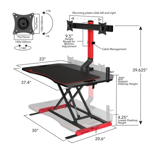 Gaming Riser, Height Adjustable, Squeeze Handle, Headset Hook