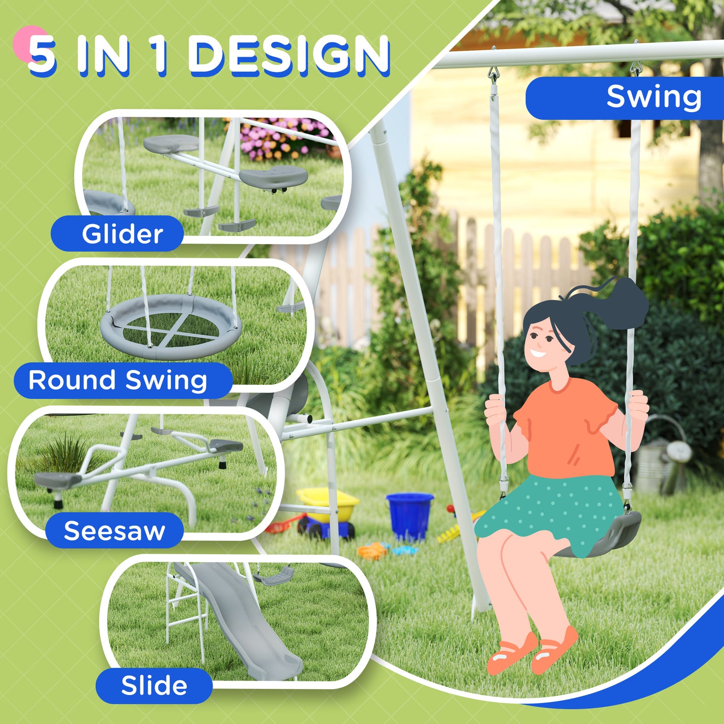 Children's swing set with multiple functions and a child swinging, set against a garden background.