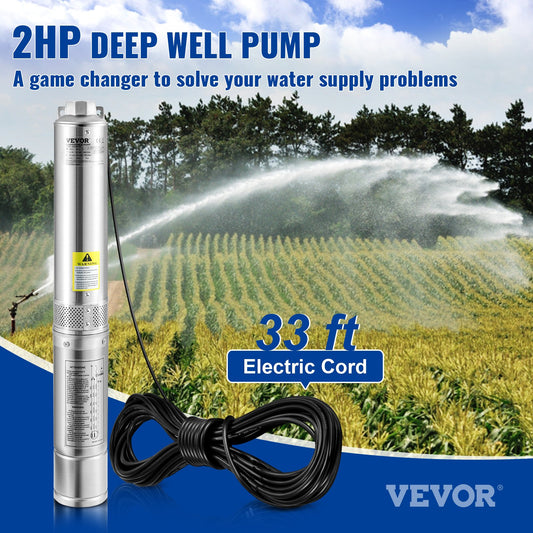 Deep Well Submersible Pump, 37GPM Flow 427 Ft Head, With 33 Ft Electric Cord, 4 Inch Stainless Steel Water Pumps For Industrial, Irrigation & Home Use, IP68 Waterproof Grade
