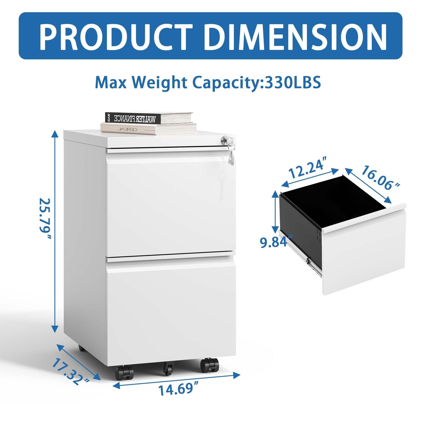 2 Drawer Metal  Mobile File Cabinet, Rolling File Cabinet With Lock For Hanging Legal Letter A4 Size,Fully Assembled Except Wheels