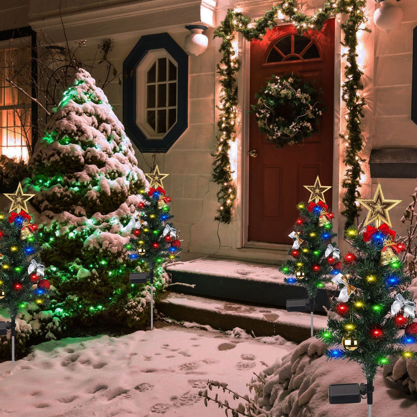 4Packs Solar Christmas Tree Lights Xmas Garden Decorations Tree Stake Lamp 20LEDs Solar Decor Light With Constant And Flashing Mode For Pathway Yard Patio Landscape