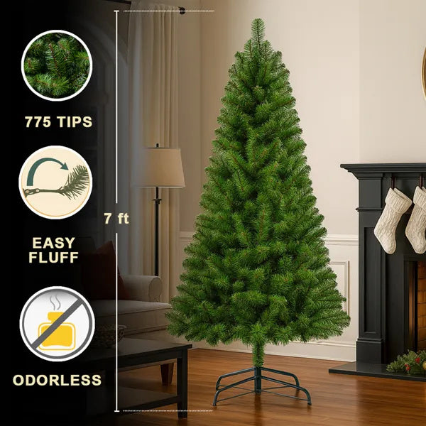 7FT Unlit Artificial Christmas Tree With 775 Tips, Full PVC Branches, Classic Green Holiday Tree With Sturdy Metal Stand For Indoor Home Decoration