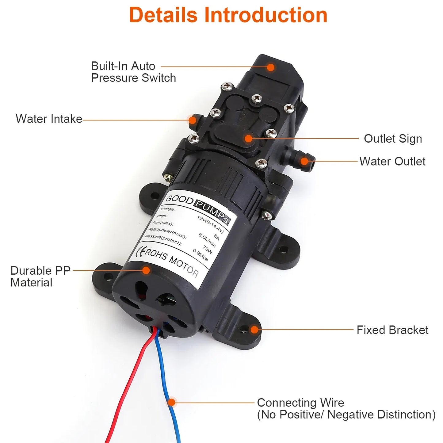12V Water With 2 Hose Clamps 130PSI Self Priming Sprayer 70W Electric Diaphragm Water 6L Min For RV Camper Marine Boat