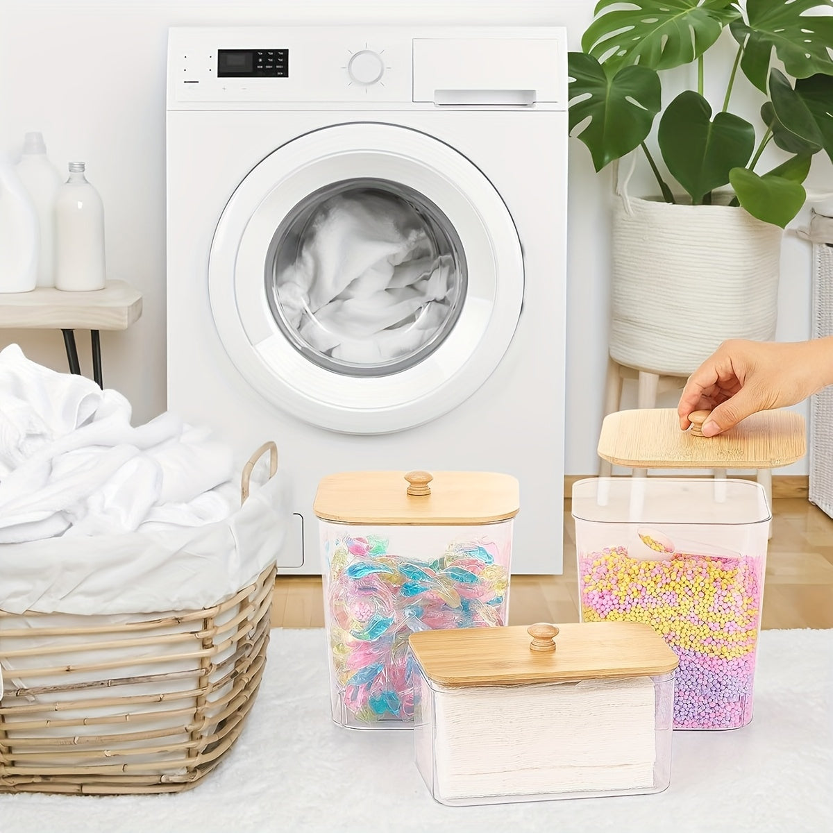 3-Pack Laundry Room Organization Storage Boxes, Clear Laundry Bead Containers And Dryer Sheet Holders Set With Lids And Labels For Detergent, Washing Powder, Dryer Balls, Laundry Beads