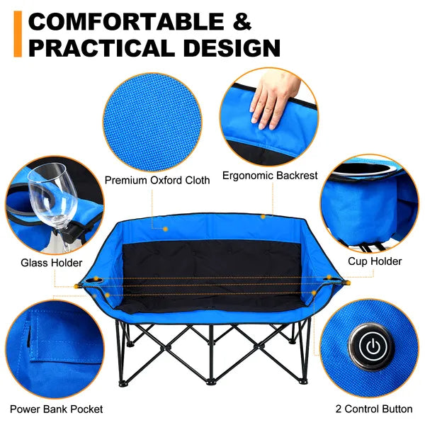 Oversized Double Heated Camping Chair, Patio Lounge Chairs With 3 Heat Levels, Portable Folding Heated Chair Round Moon Saucer Folding Lawn Chair Outdoor Chair For Camping, Lounge Patio