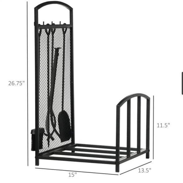 HOMCOM Firewood Rack With Fireplace Tools, Indoor Outdoor Firewood Holder For Fireplace, Wood Stove, Hearth Or Fire Pit, Wood Storage Log Rack Includes Poker, Tongs, Broom, Shovel, Black