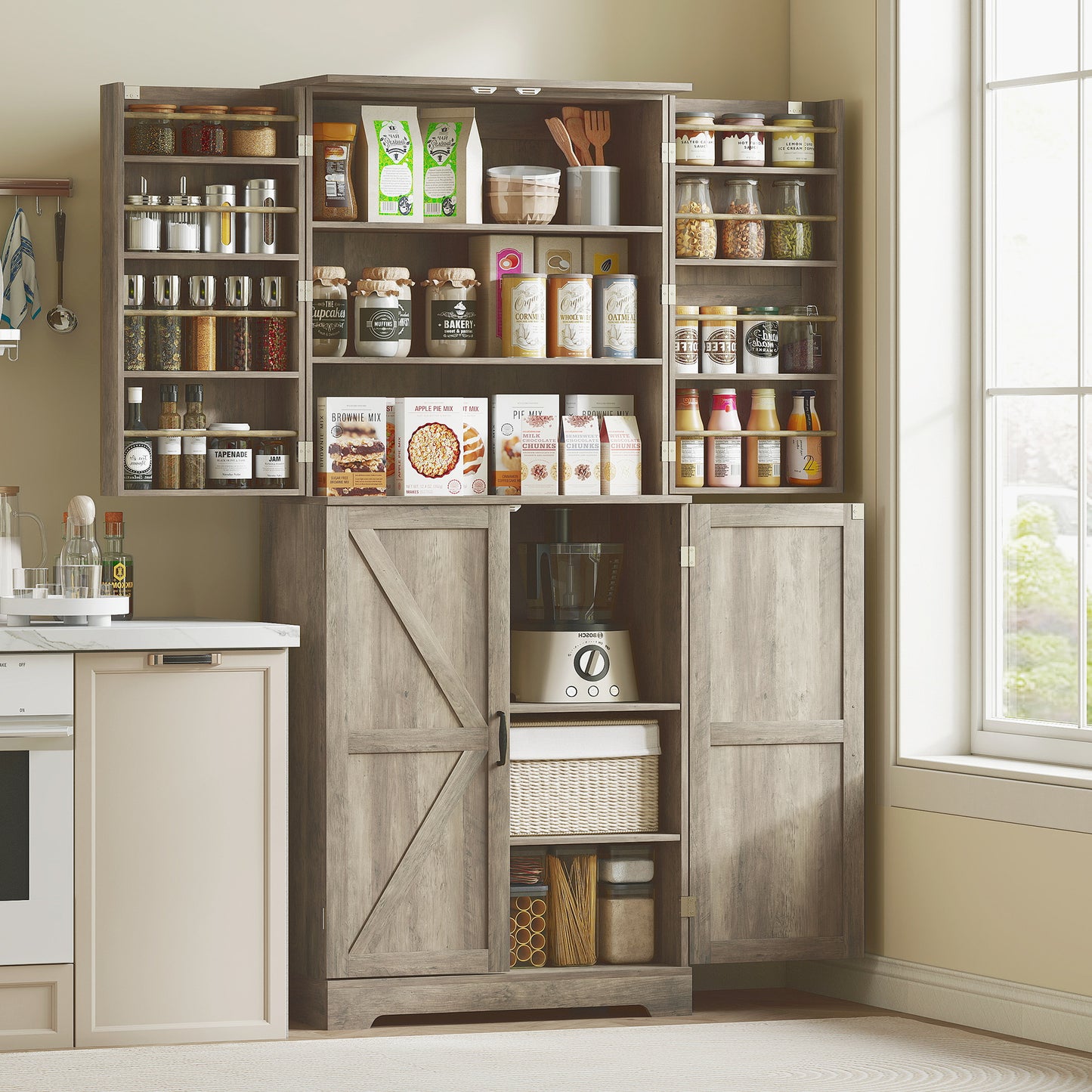 Farmhouse Kitchen Pantry, 72 Tall Pantry Cabinet With 4 Barn Doors, 4 Adjustable Shelves And 8 Door Shelves, Gray Wash