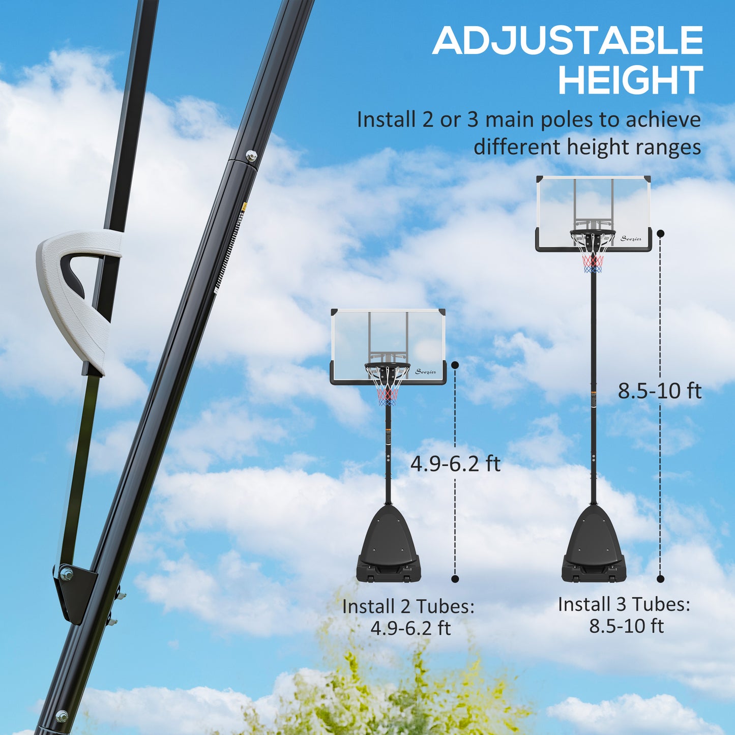 Basketball hoop with adjustable height feature against a blue sky background