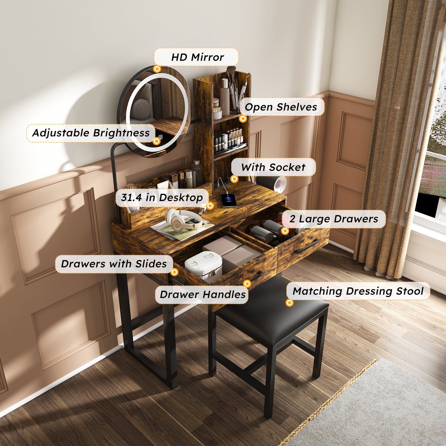 Makeup Vanity With LED Lights&3 Color And Power Outlet Makeup Vanity Table With 2 Big Drawers With Sturdy Metal Leg And Metal Chair ,Dressing Table For Bedroom Dressing Room Brown