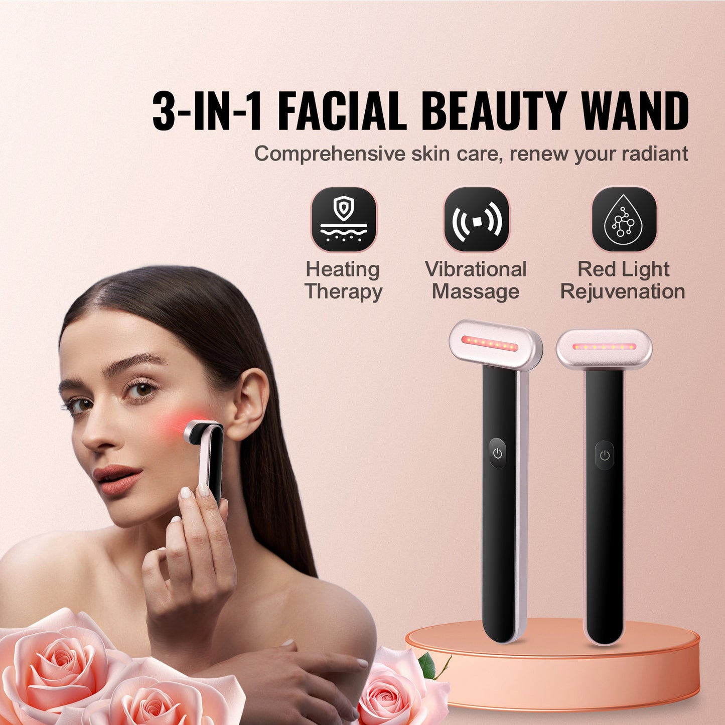 3 in 1 Red Light Therapy Wand For Face, 7Color LED Facial Wand Red Light Therapy Device With Heatig Therapy Microcurrent Vibrating Massage, Portable LED Beauty Wand For Face, Neck