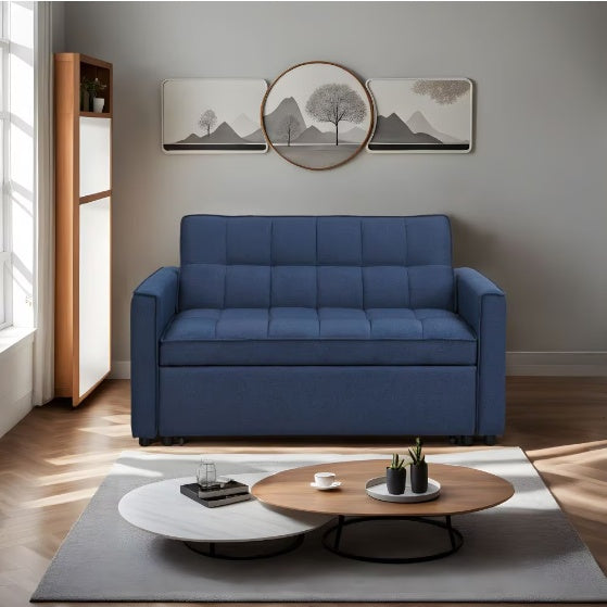 Stylish Blue Pull-Out Sofa Bed With Woven Polyester Fabric & Solid Wood Frame