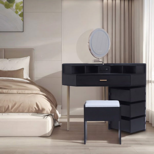 Black Dressing Table Stool Set, Movable Mirror, Tri Color Illuminated Mirror, Four Drawers, With Socket
