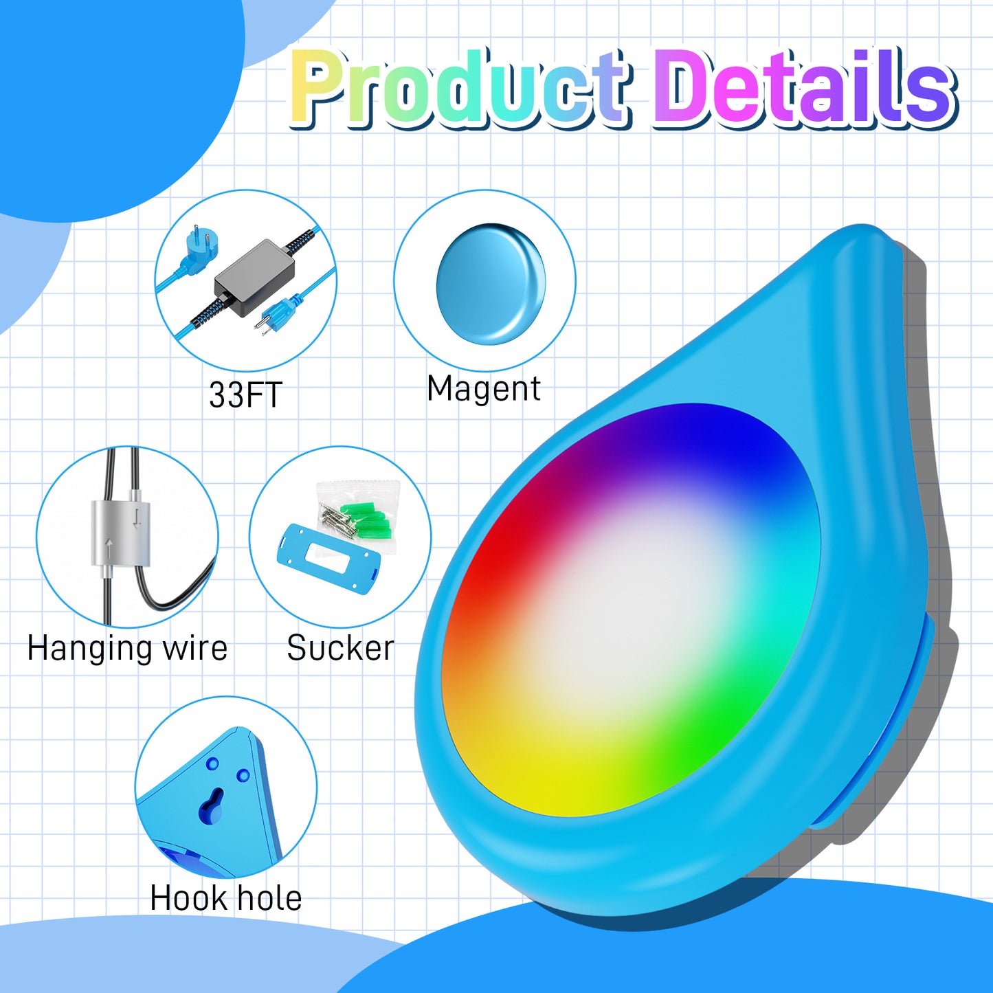 Multicolor Smart Bluetooth Waterproof Swimming Pool SPL-FLL00X 6-inch 12V 20W Blue Droplet Shaped RGB Pool Light 26FT