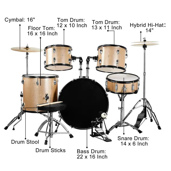 Full Size AdultDrum Set 5-Piece Champagne With Bass Drum, Two Tom Drum, Snare Drum, Floor Tom, Stool, Drum Pedal, Sticks