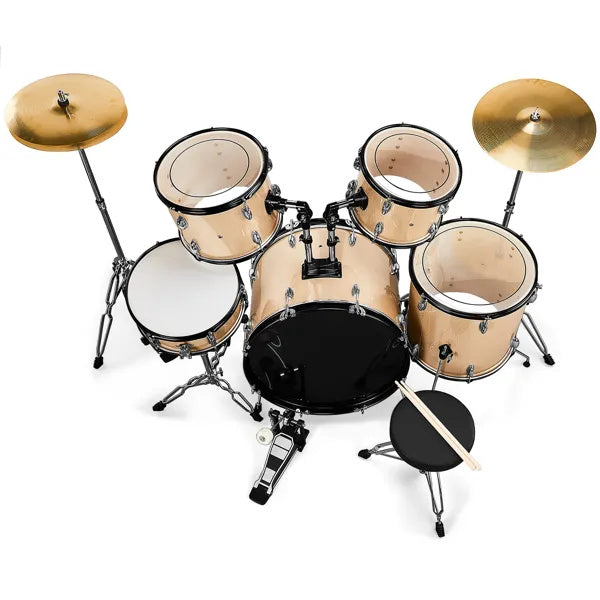 Full Size AdultDrum Set 5-Piece Champagne With Bass Drum, Two Tom Drum, Snare Drum, Floor Tom, Stool, Drum Pedal, Sticks