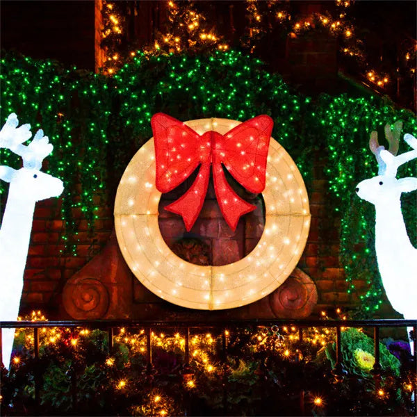 Pre-Lit Christmas Wreath - 200 LED Lights Warm White Red, Large Bow IP44 Weatherproof For Indoor Outdoor