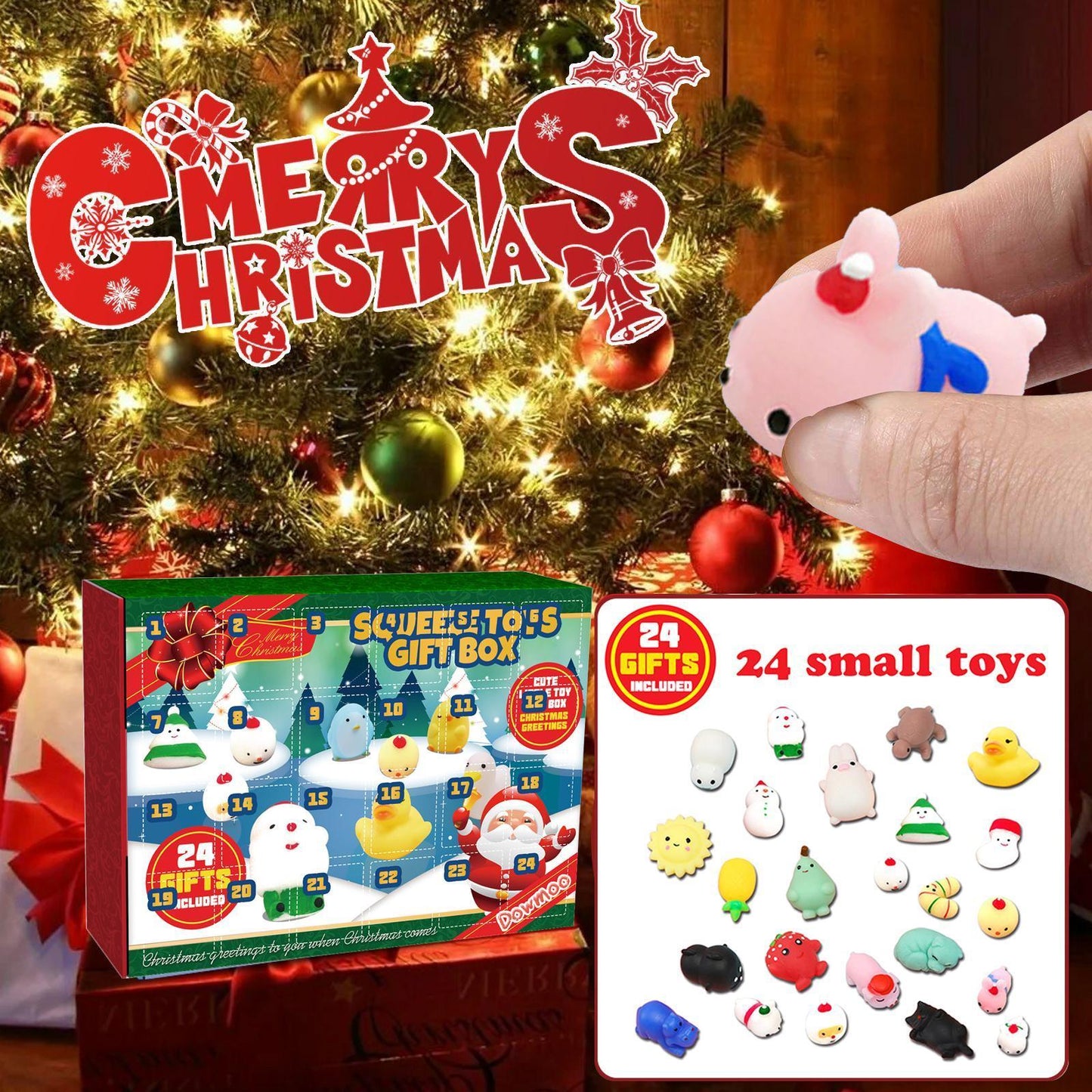 Christmas Squeezable Gift Box, 24-compartment Countdown Blind Box, Squeezeable Cartoon Toy For Stress Relief.