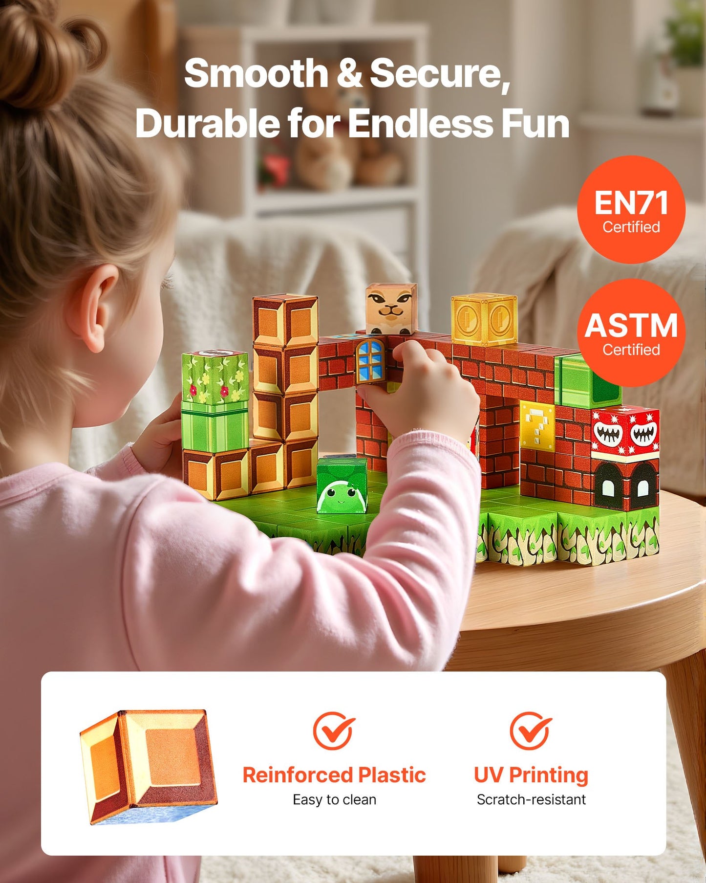 Child playing with a toy set on a table, with certification logos and product features displayed.