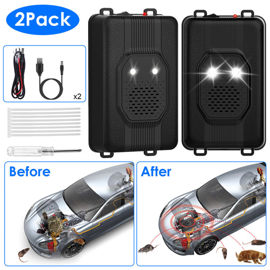 2 Pack Under Hood Ultrasonic Rodent Repeller Rodent Control Deterrent Chaser Blocker For Vehicle Indoor With Strobe Light 3 Power Supplies
