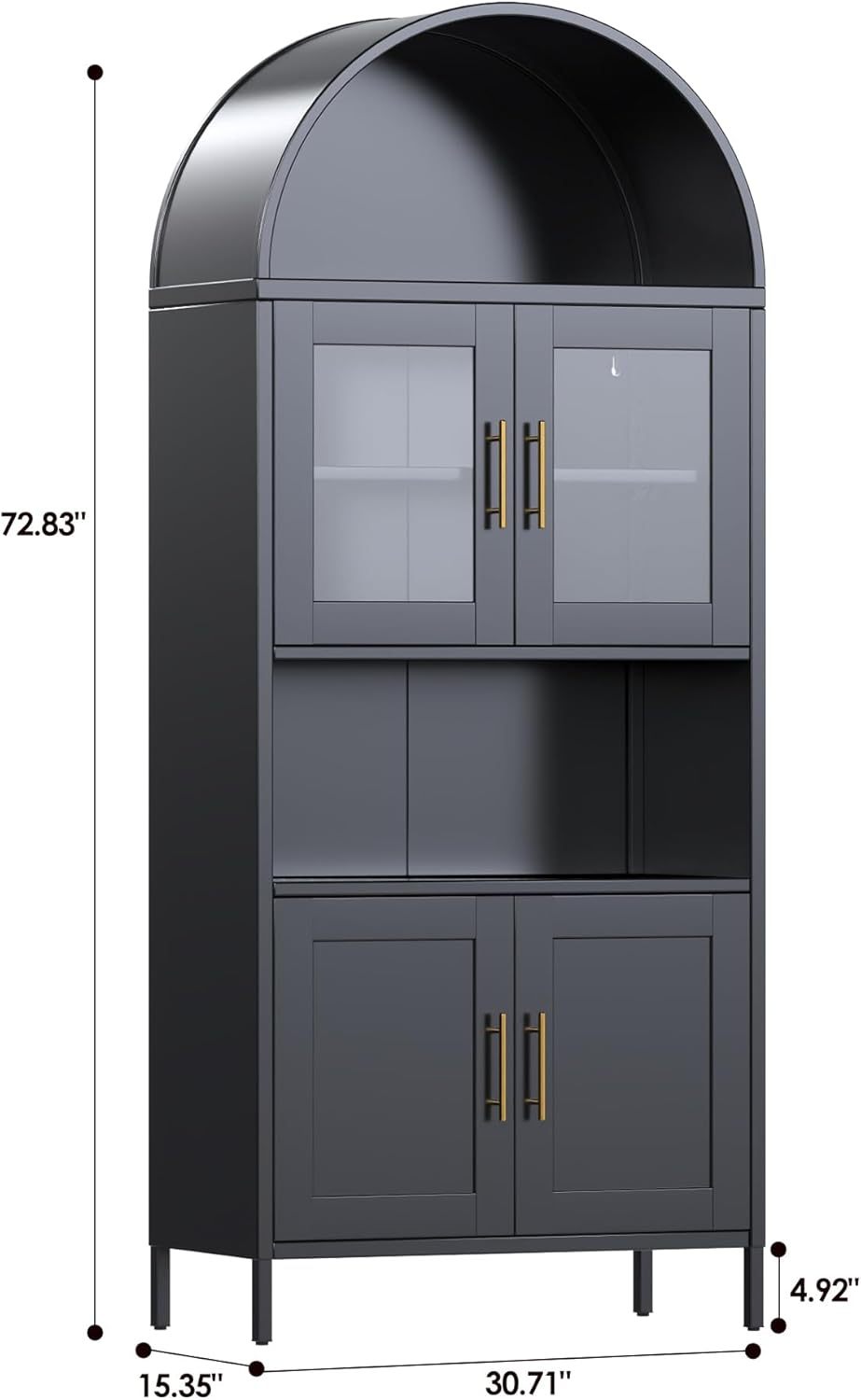 73 In Tall Metal Arched Cabinet, Kitchen Pantry Cabinet With Glass Door, Modern Farmhouse Arched Bookcase With 2 Adjustable Shelves For Living Room, Black, Assembly Required