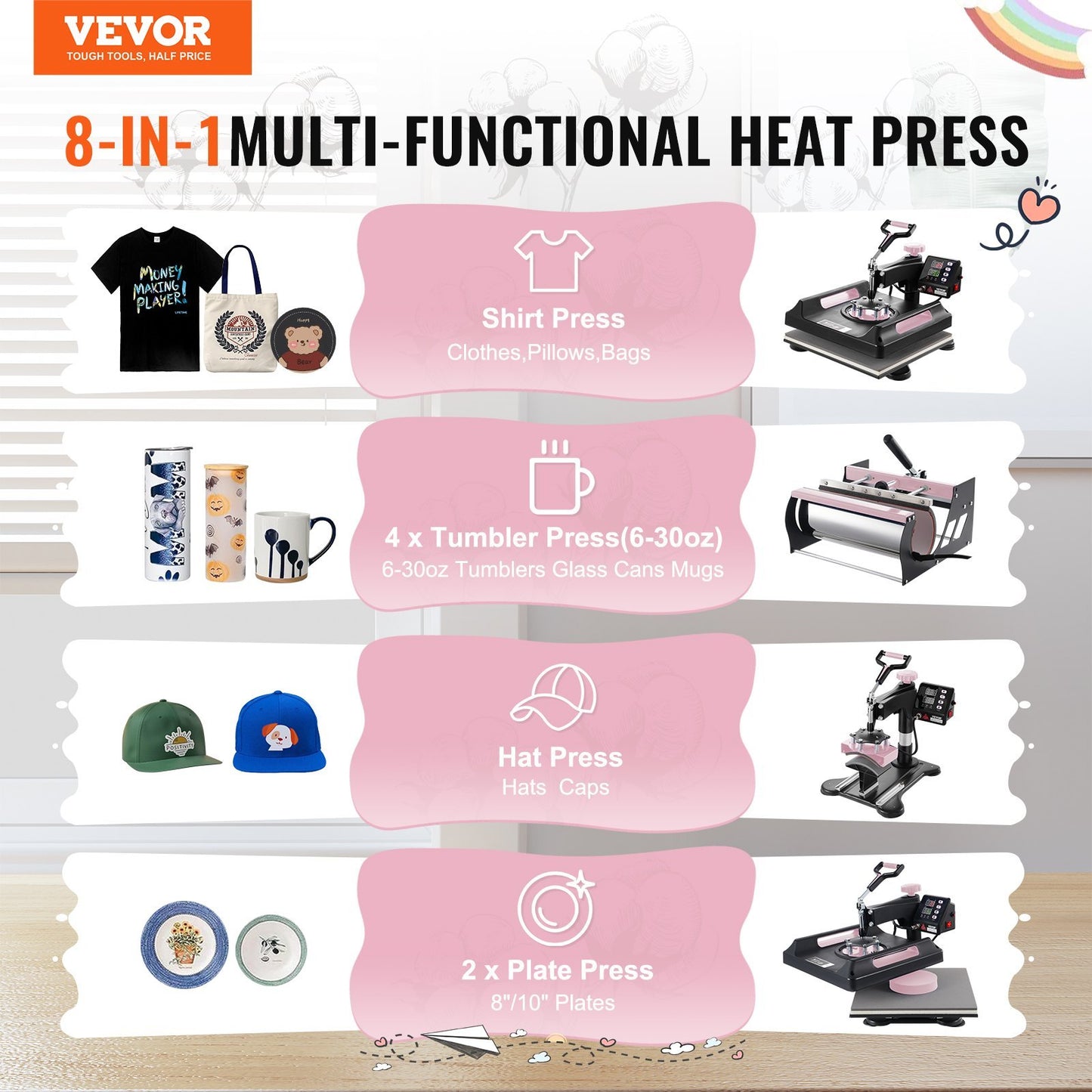 8 In 1 Heat Press Machine 15x15 In 30oz Tumbler Press T-Shirts Black