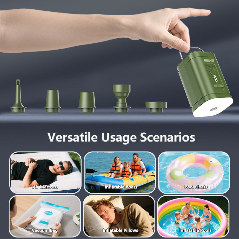 MFIAHUI 2026 Portable Air Pump With Retractable Keychain & 3-Adjustable Lights For Quick Inflate And Air Extraction Camping Travel Home Storage Inflatable Sleeping Bag Airbed Outdoor Equipment