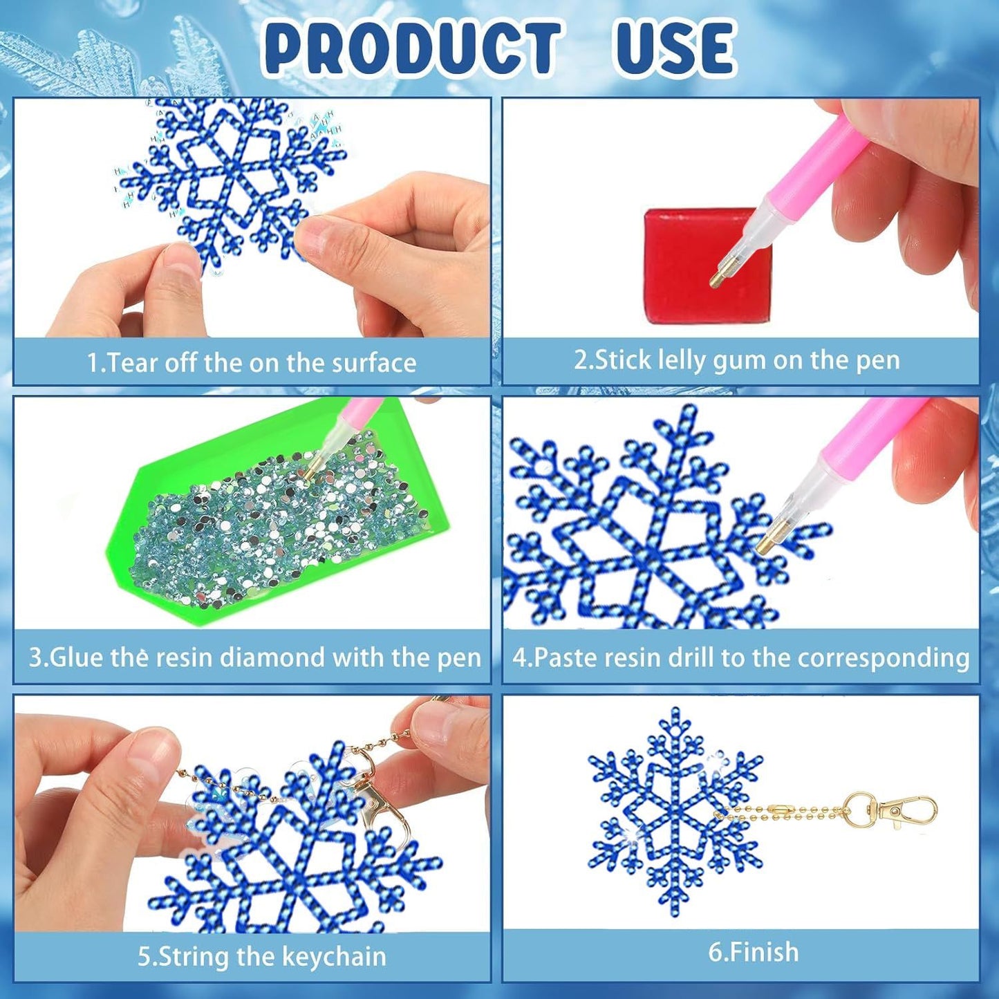 12 Packs Snowflake Rhinestones Painting Keychain Kits 12 Styles Snowflake Pendants DIY 5D Rhinestones Art Hanging Ornament For Xmas Tree Unique Double Sided Craft Party Favor Supplies