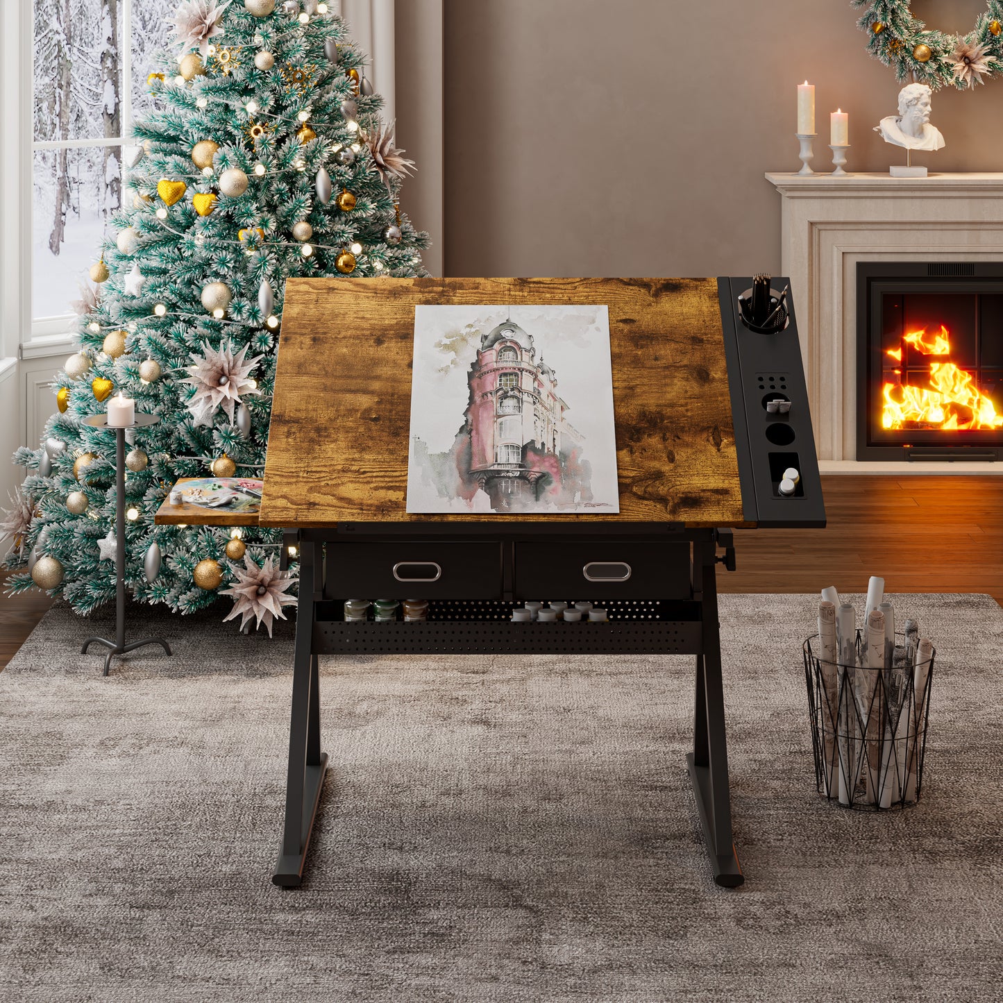 Adjustable Drawing Drafting Table Desk With 2 Drawers For Home Office And School With Stool  Wood