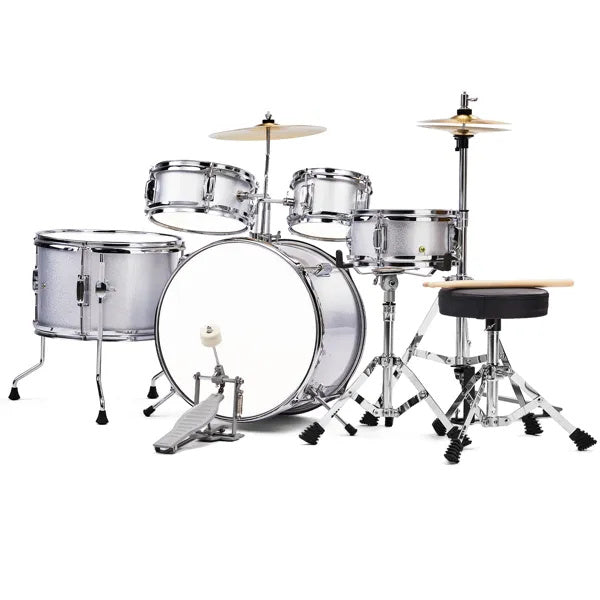 5-Pieces Junior Kids Drum Set Kit Pedal Drum Stick Wrench Drum Stool Silver