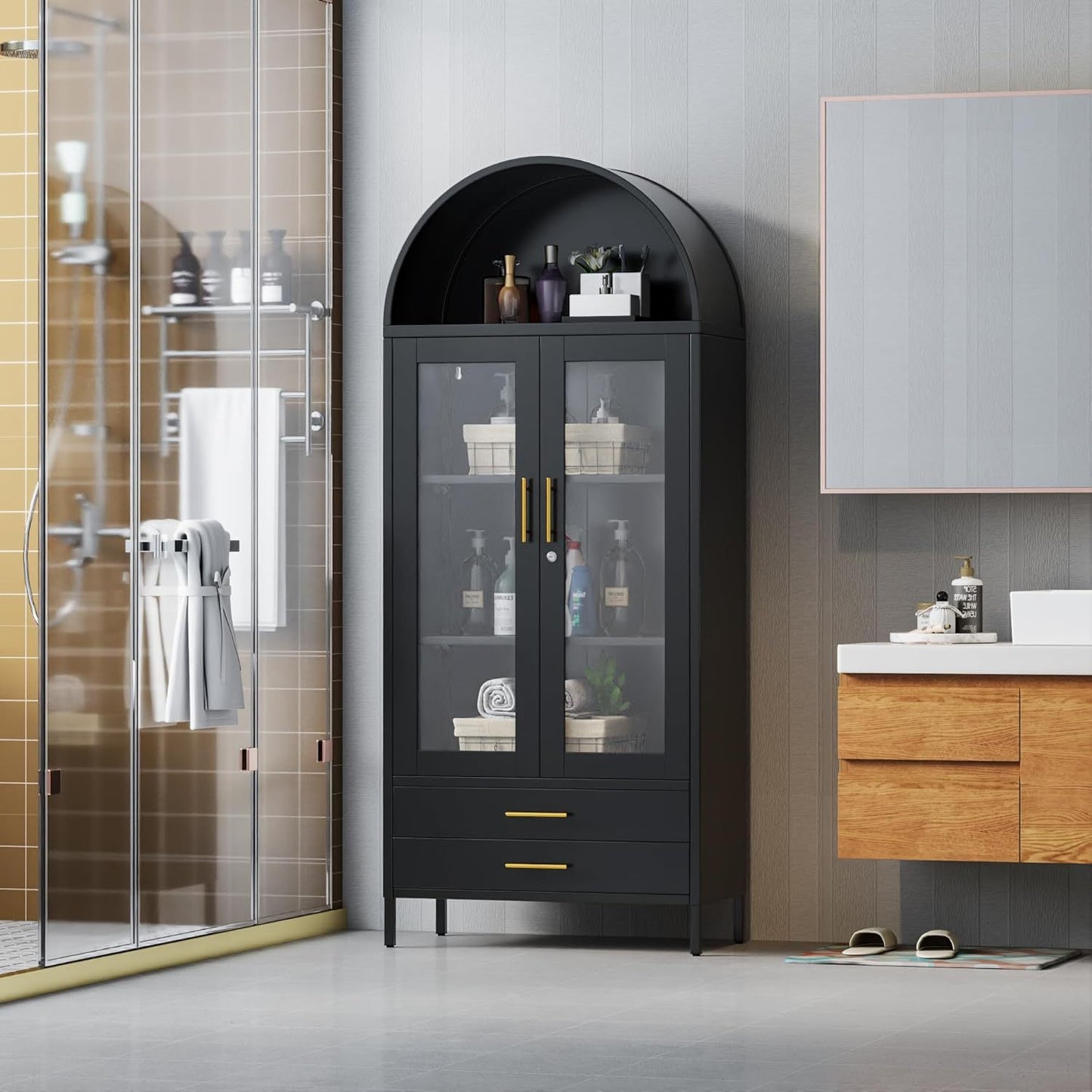 73 In Tall Metal Arched Cabinet, Kitchen Pantry Cabinet With Glass Doors, Modern Farmhouse Arched Bookcase With 2 Drawers And 2 Adjustable Shelves For Living Room, Black, Assembly Required