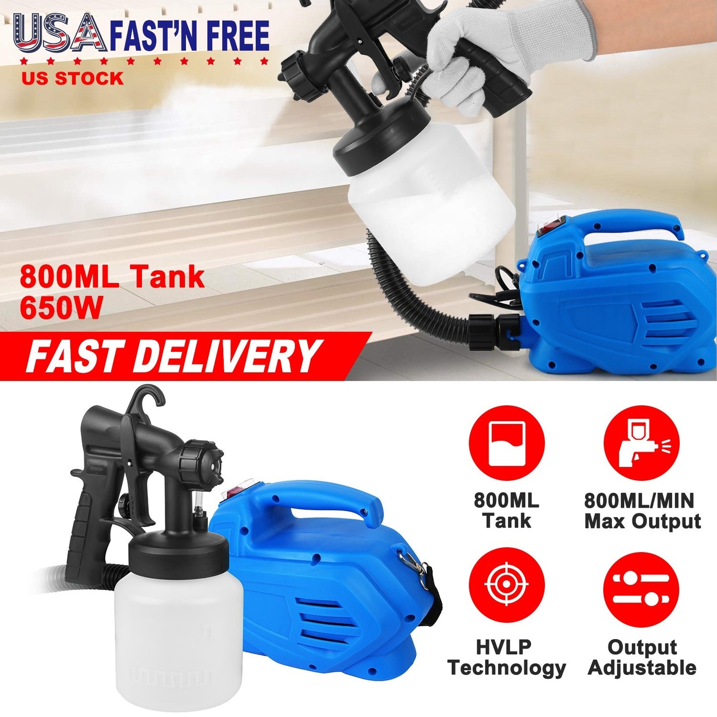 800ML Paint Sprayer 650W, minimum Output HVLP Oil Primer Water Spray, With 3 Spraying Modes Motor And Removable Container