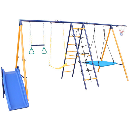 500 Lbs 7 In 1 Swing Set For Kids  Outdoor A Frame Heavy  Metal Swing Sets With Slide  2 Swing Seats 1 Climbing Net   Ladder 1 Gym Ring 1 Basket
