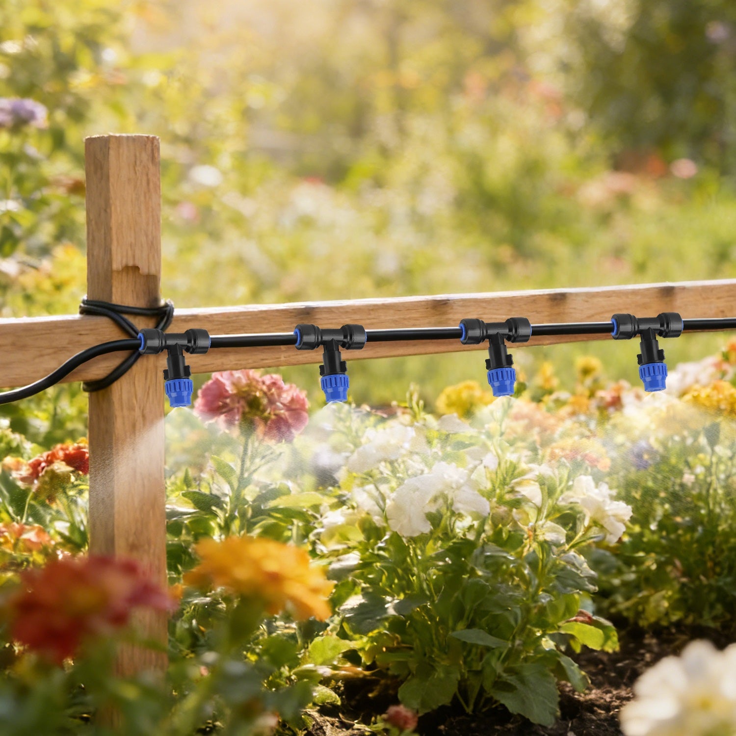 Garden irrigation system with flowers in the background