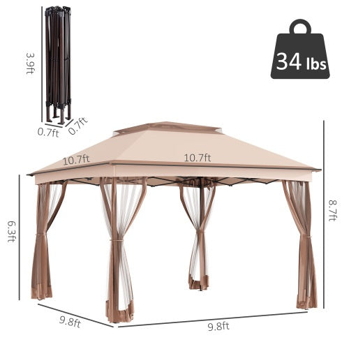 Pop-up Awning, Outdoor Patio Gazebo Shelter With Detachable Zipper Net, Instant Event Tent With 114 Square Feet Of Shade And Backyard, Garden, Khaki Carrying Bag